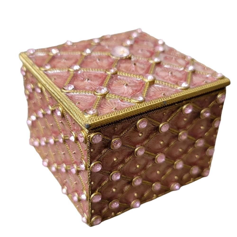 Square Enamel Rhinestone Pink Magnetic Trinket Box